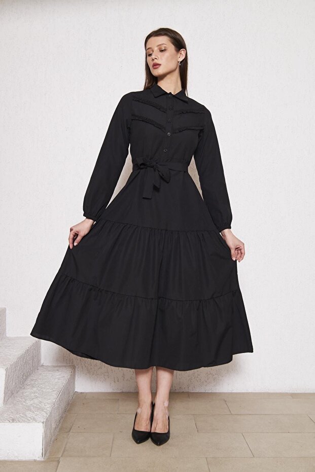 Rochie lungă neagră elegantă, pliată, cu pliuri - 5