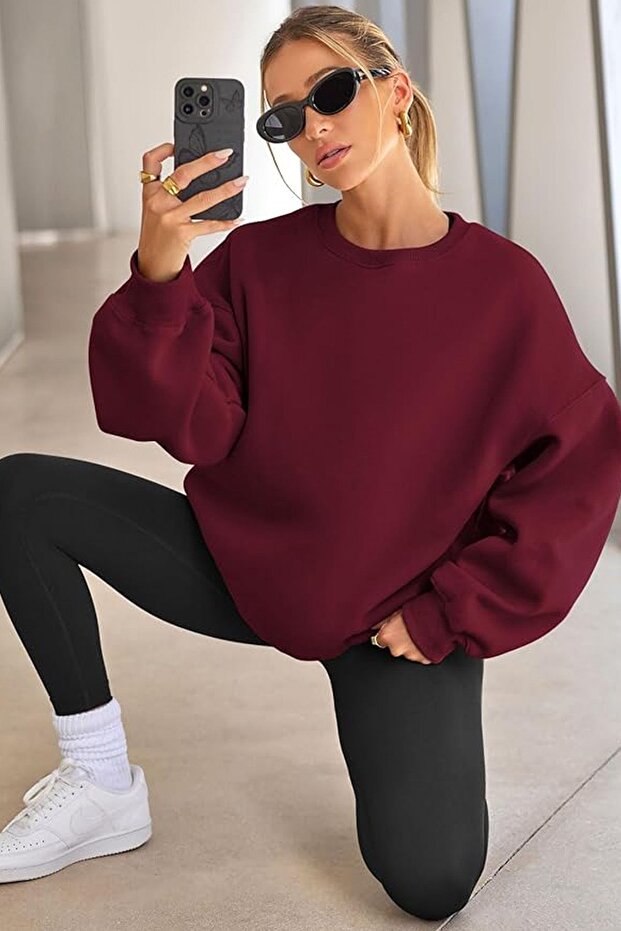Women's Crew Neck Basic Oversize Sweatshirt Claret Red