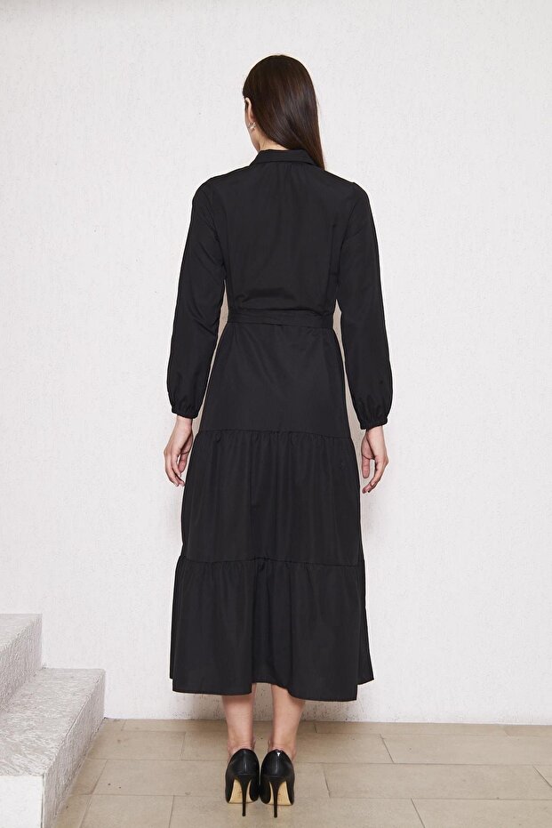 Rochie lungă neagră elegantă, pliată, cu pliuri - 6