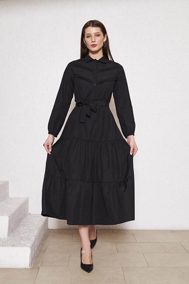 Rochie lungă neagră elegantă, pliată, cu pliuri - 3