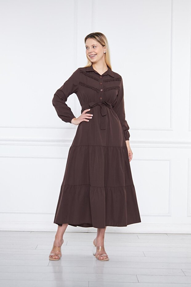 Rochie lungă maro elegantă, pliată, pliată - 4