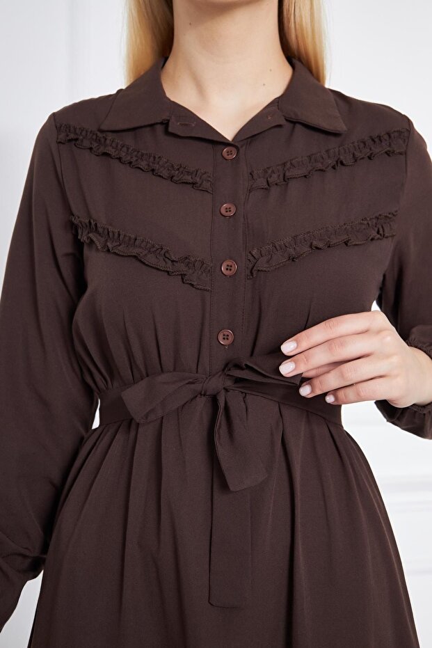 Rochie lungă maro elegantă, pliată, pliată - 2