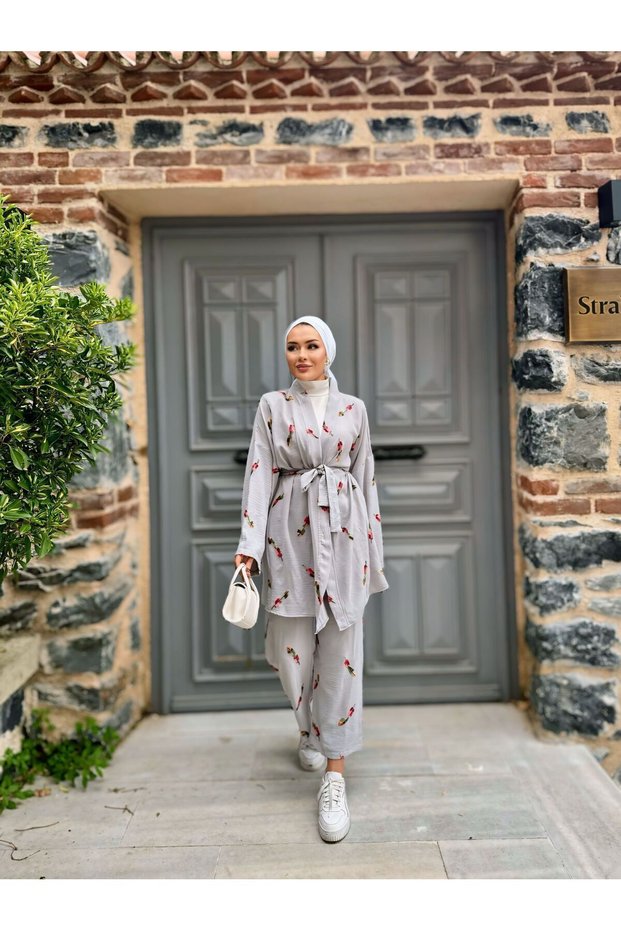 Women's Hijab Kimono Loose Pants Gray Double Set