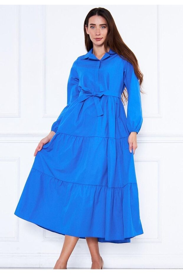 Women's Layered Shirt Collar Stylish Blue Long Dress
