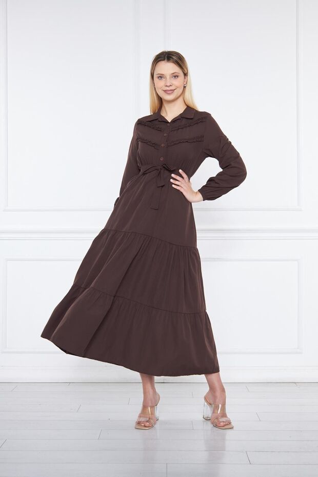 Rochie lungă maro elegantă, pliată, pliată - 1