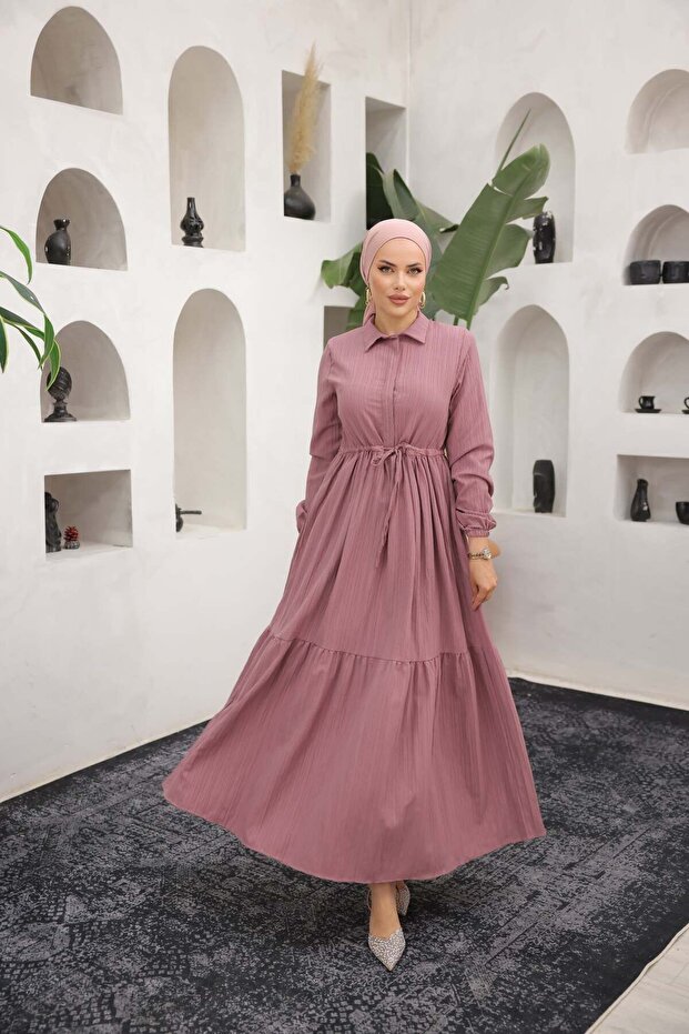 Women's Long Sleeve Gathered Hijab Pink Long Dress