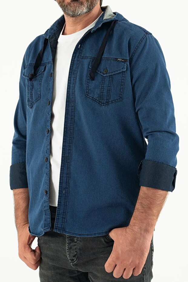 Erkek Slim Fit Dar Basic Kapüşonlu Laci Kot Gömlek - 3