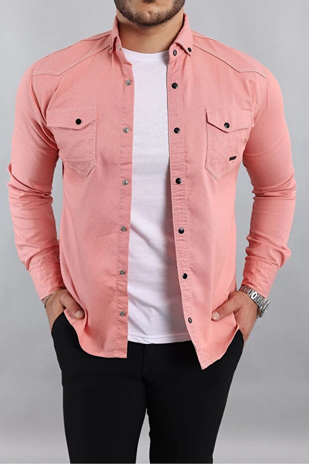 Men's Slim Fit Double Pocket Denim Shirt
