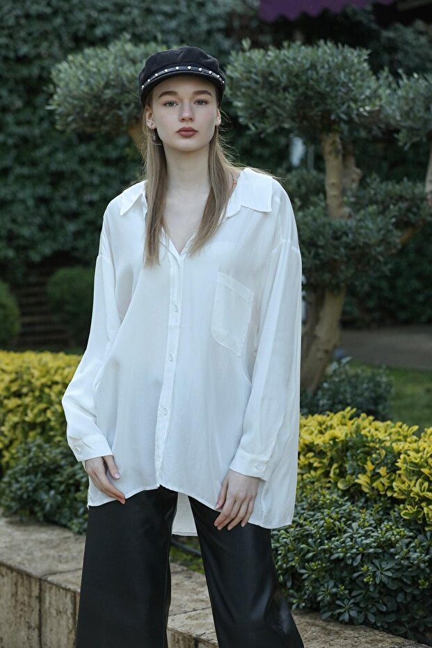 Kadın Beyaz Owersize Uzun Basic Gömlek - 1