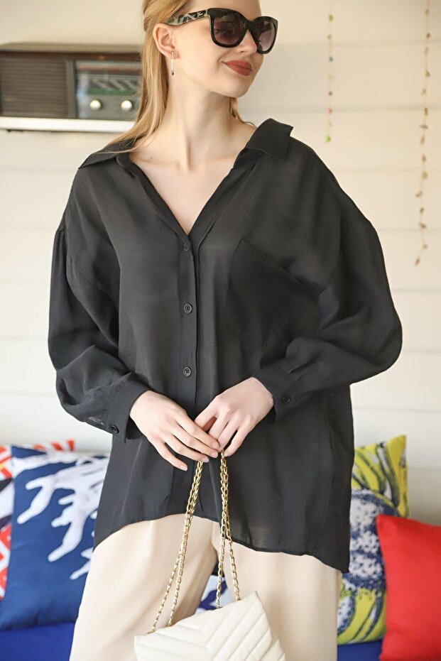 Kadın Siyah Owersize Uzun Basic Gömlek - 3