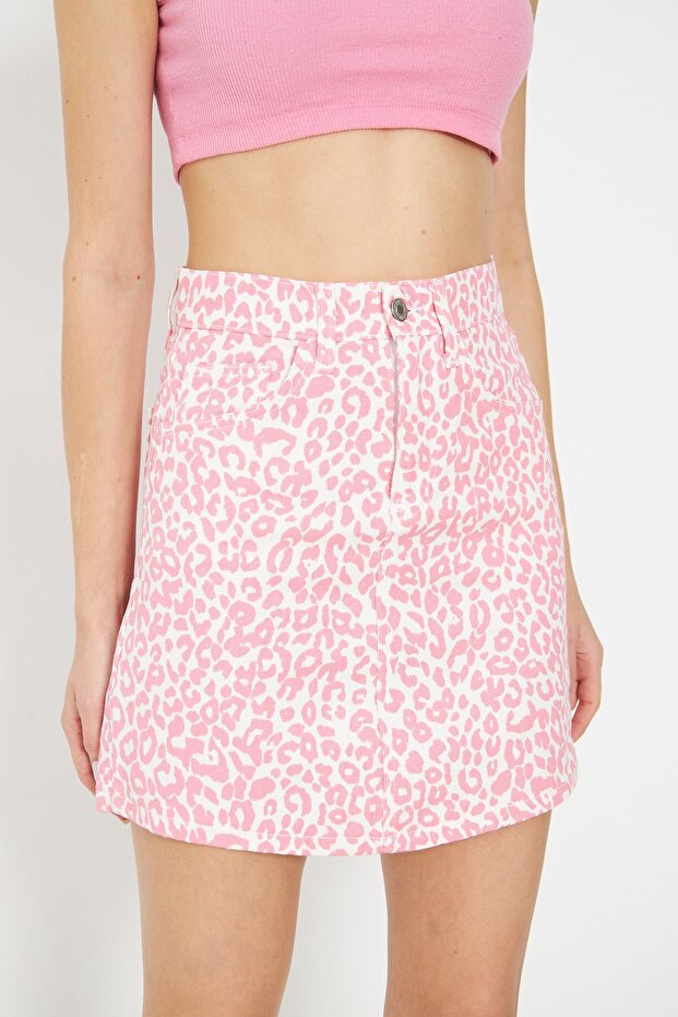 Fusta mini denim cu imprimeu leopard de damă - 2