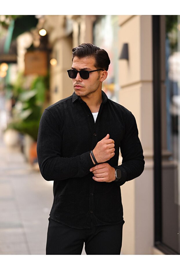 Erkek Basic Uzun Kol Dar Pamuklu Siyah Polar Gömlek - 1