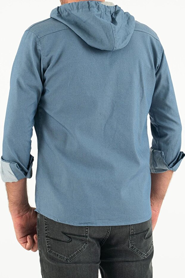 Erkek Slim Fit Dar Basic Kapüşonlu Mavi Kot Gömlek - 4