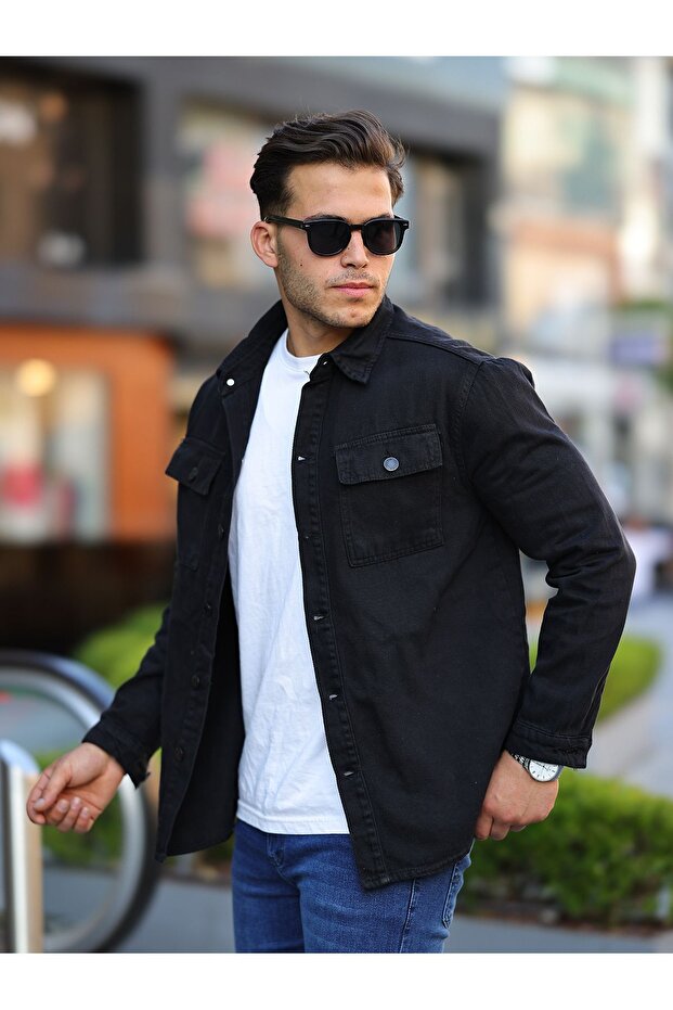 Erkek Oversize Kapak Cep Basic Bol Siyah Kot Gömlek - 1