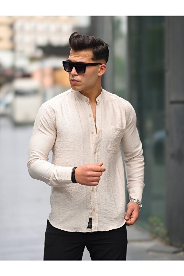 Men's A Quality Linen Slim Fit Capless Collar Long Sleeve Shirt