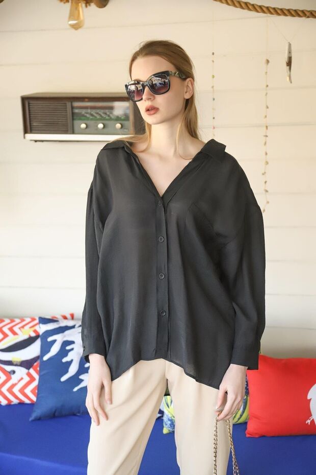 Kadın Siyah Owersize Uzun Basic Gömlek - 5