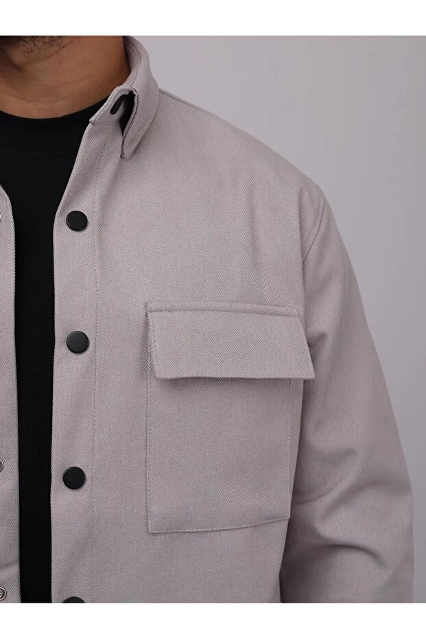 Erkek Basic Yün Efektli Örme Uzun Kol Gri Bol Gömlek - 2