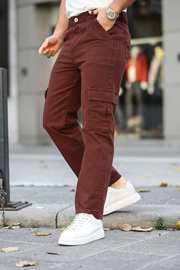 Men's Wide Leg Cargo Pocket Brown Baggy Trousers
