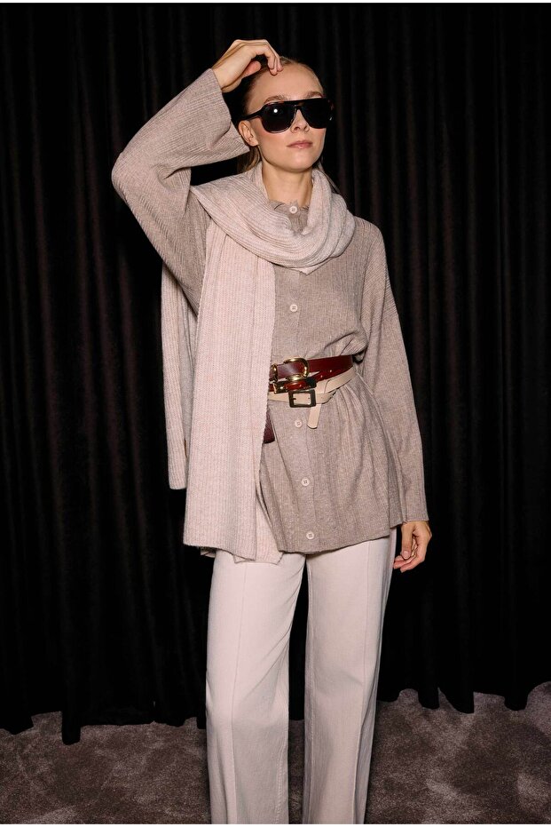 Düz Örgü Atkı Açık Taş - 5