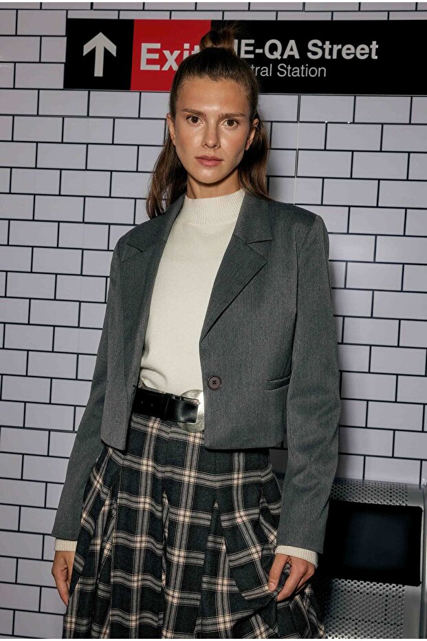 Crop Blazer Ceket Antrasit - 3