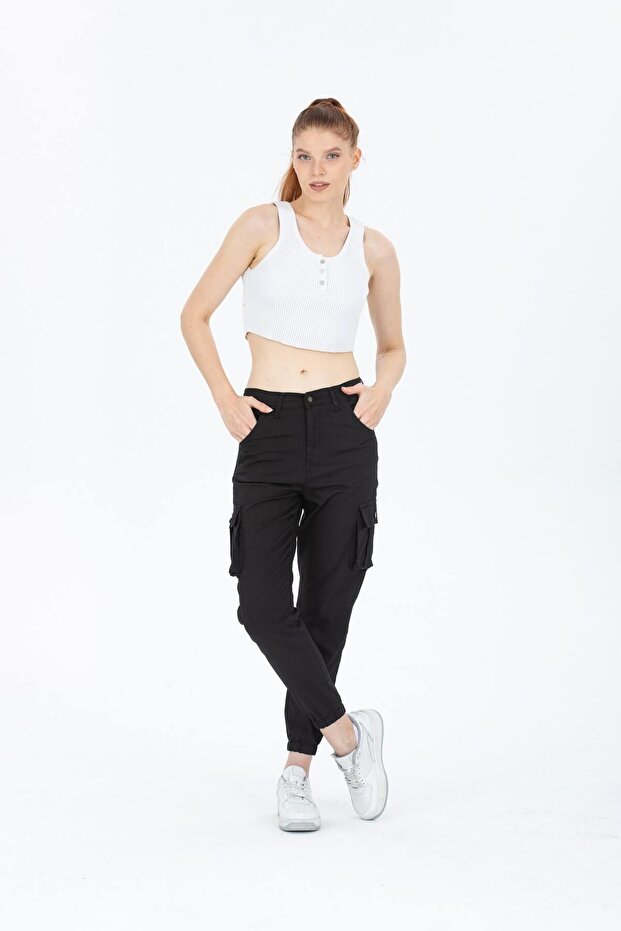 Women's Cargo Pocket High Waist Narrow Leg Black Trousers