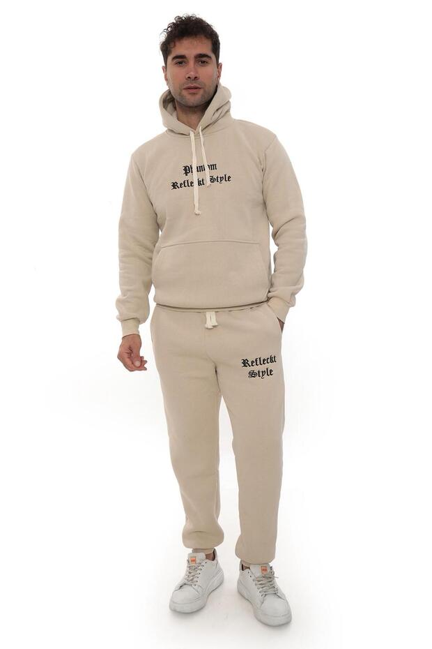 Men's Beige Hooded Kangaroo Pocket Fleece-Lined Thread Winter Casual Tracksuit Set with Fleece Lining