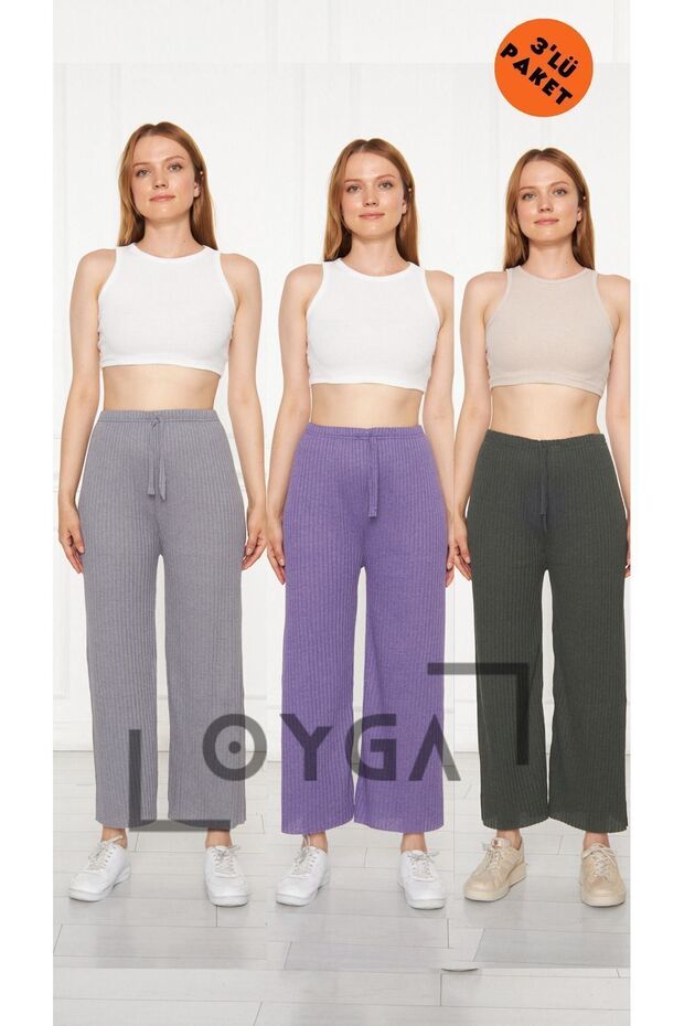 3-Piece Smoked - Purple - Anthracite Women's Corduroy Trousers & Tracksuits, Casual Home Wear Pajamas