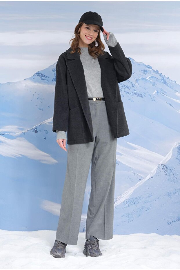 Geniş Yaka Kaşe Kaban Antrasit - 3