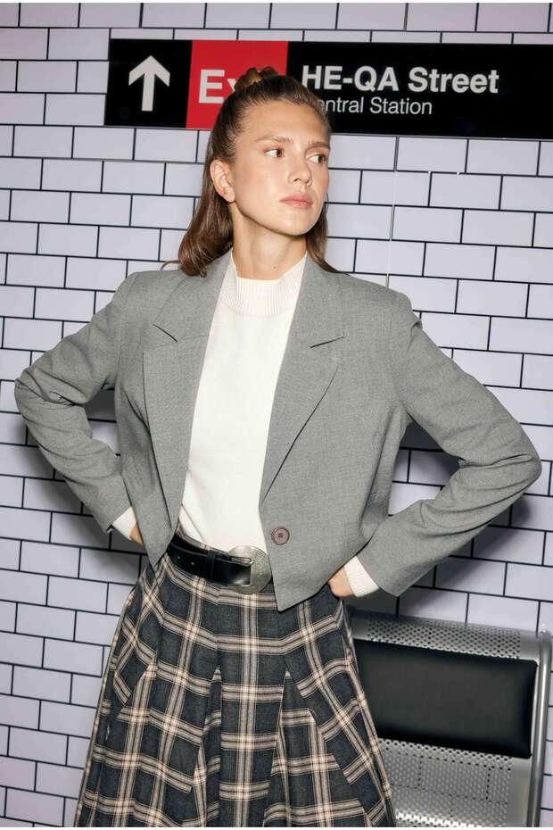 Crop Blazer Ceket Duman - 1