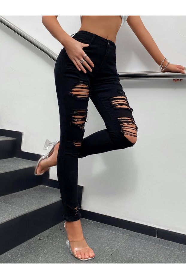 Women's High Waist Slim Fit Laser Cut Ripped Jeans Jeans