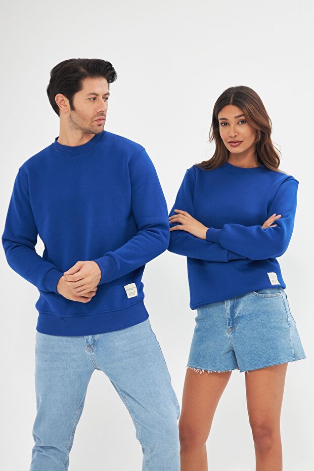 Unisex Basic Bisiklet Yaka Kalın Kışlık Mavi Sweat - 1