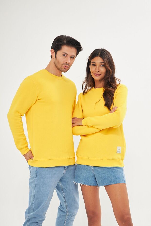 Unisex Basic Bisiklet Yaka Kalın Kışlık Sarı Sweat - 3