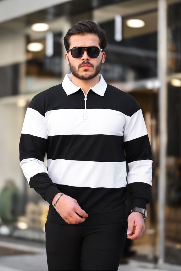 Erkek Yarım Fermuarlı Çift Renkli Basic Siyah Sweat - 1