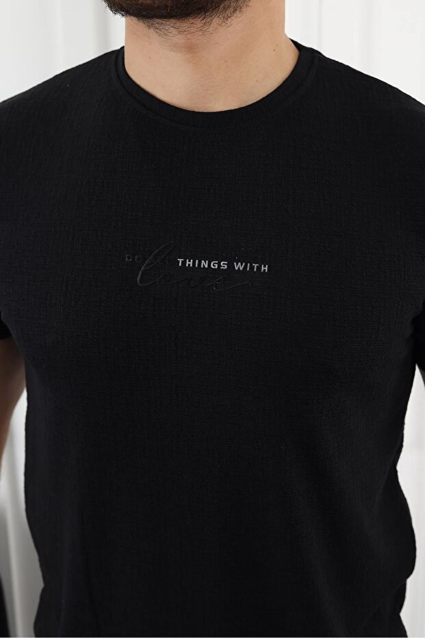 Erkek Desenli Baskı Dar Kısa Kol Basic Siyah Tişört - 2