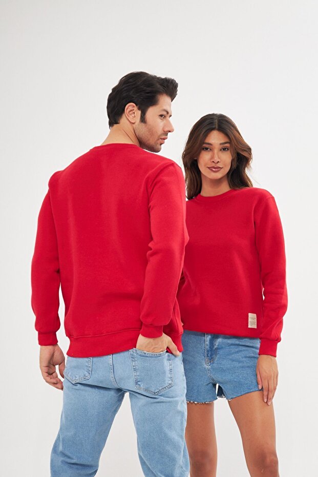 Unisex Basic Bisiklet Yaka Kalın Kışlık Kırmız Sweat - 4