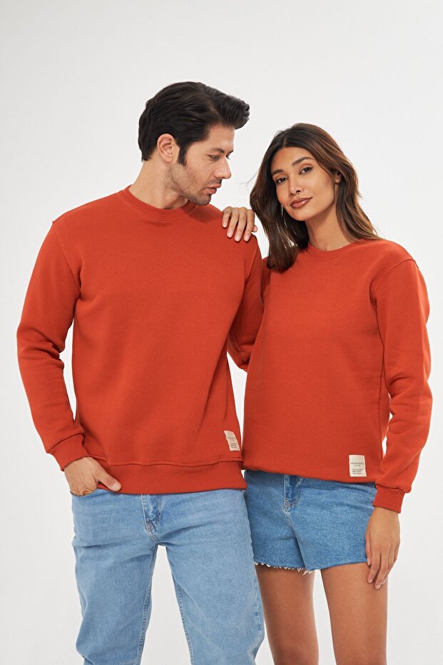 Unisex Basic Bisiklet Yaka Kalın Kışlık Oranj Sweat - 4