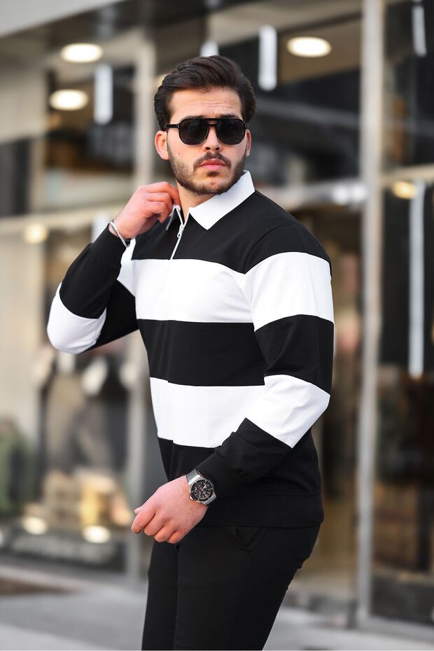 Erkek Yarım Fermuarlı Çift Renkli Basic Siyah Sweat - 3