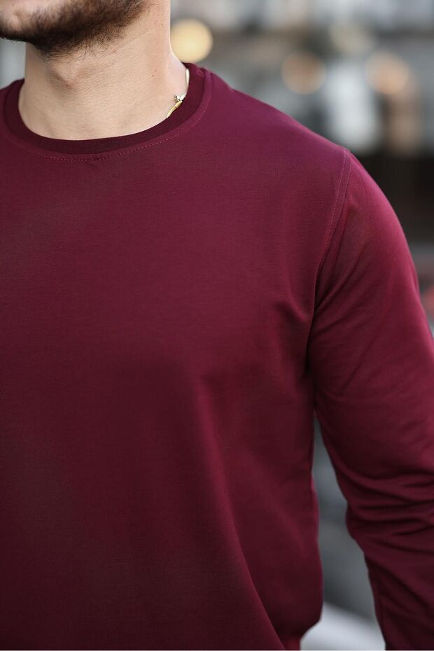 Erkek Bisiklet Yaka Basic Uzun Kollu Dar Bordo Sweat - 2