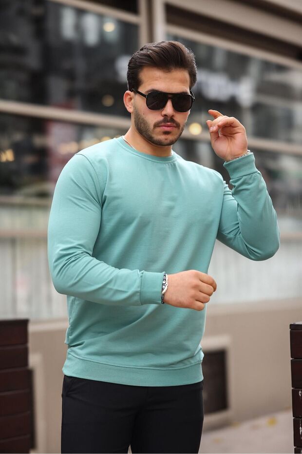 Erkek Bisiklet Yaka Basic Uzun Kollu Dar Mint Sweat - 1