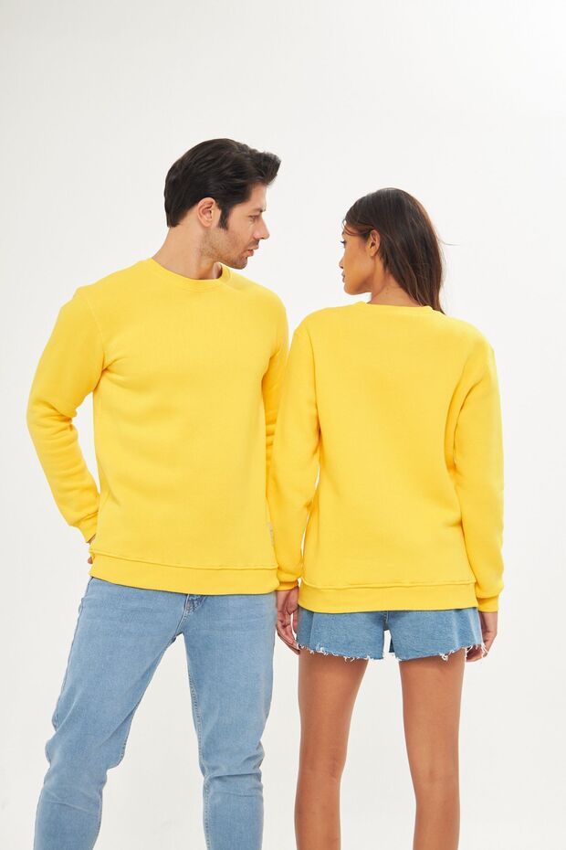 Unisex Basic Bisiklet Yaka Kalın Kışlık Sarı Sweat - 4