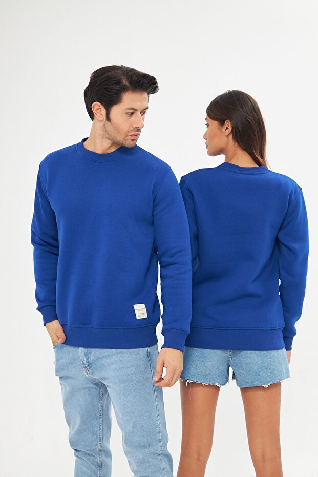 Unisex Basic Bisiklet Yaka Kalın Kışlık Mavi Sweat - 4