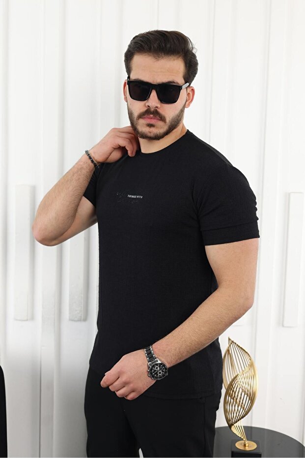 Erkek Desenli Baskı Dar Kısa Kol Basic Siyah Tişört - 3