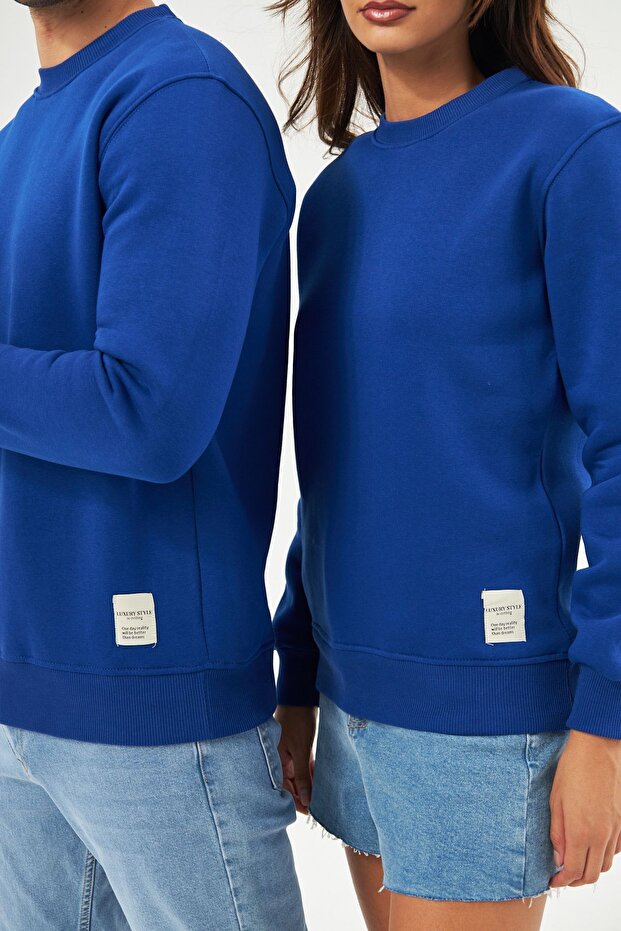 Unisex Basic Bisiklet Yaka Kalın Kışlık Mavi Sweat - 2