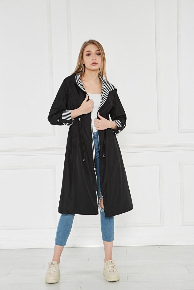 Women's Drawstring Waist Water Repellent Hooded Trench Coat