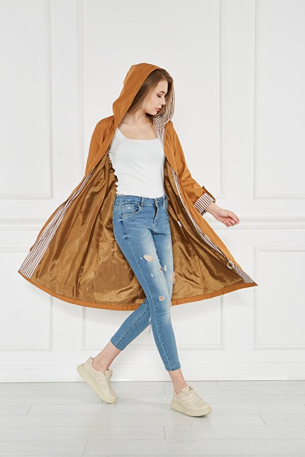 Women's Drawstring Waist Water Repellent Hooded Trench Coat