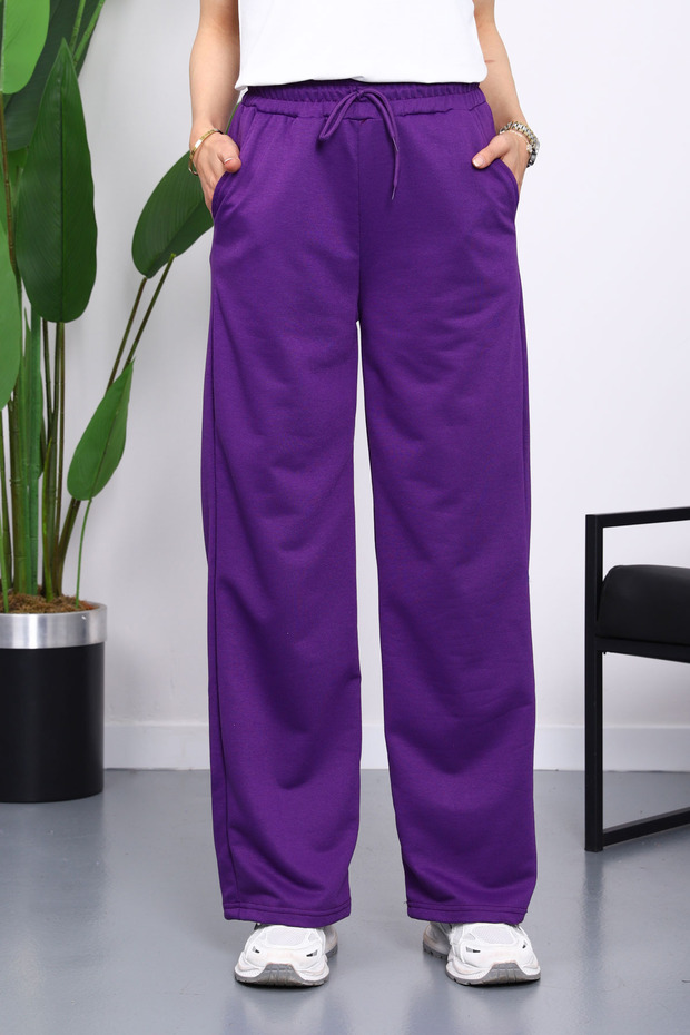 Purple Elastic Waist Two Thread Palazzo Sweatpants
