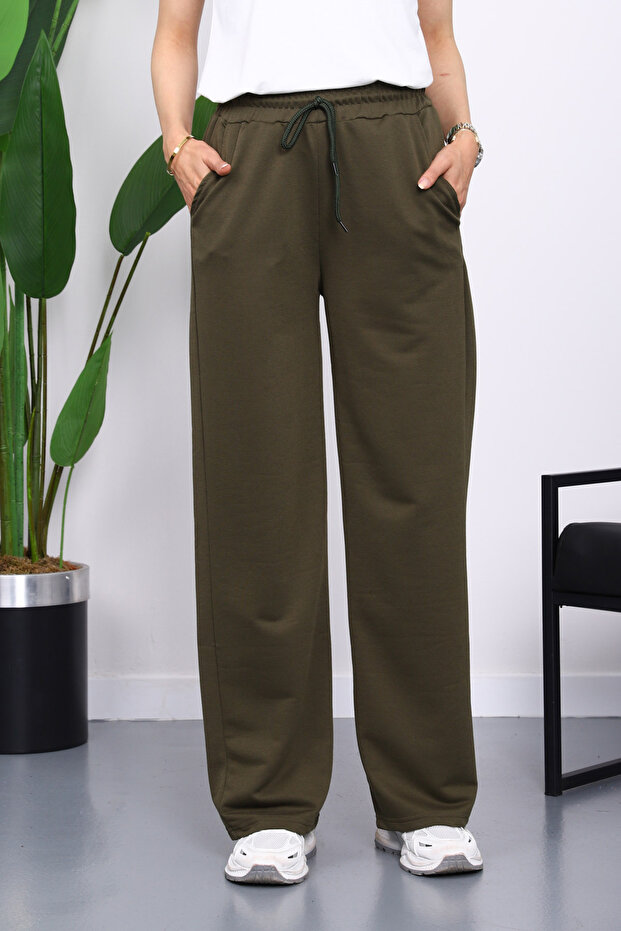 Dark Khaki Elastic Waist Two Thread Palazzo Sweatpants