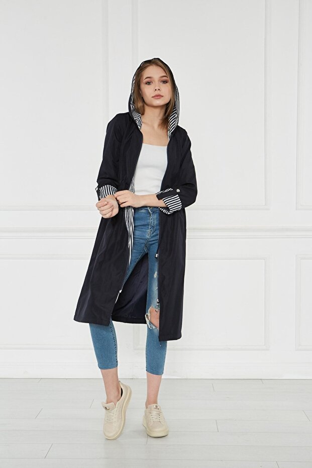 Women's Drawstring Waist Water Repellent Hooded Trench Coat