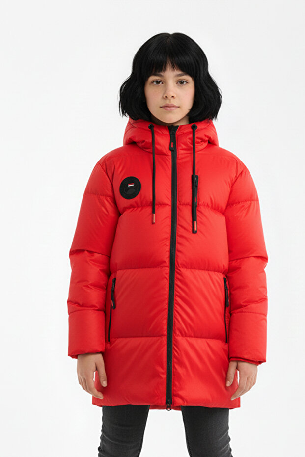 Girl's Red Fiber Hooded Windproof Puffer Winter Jacket