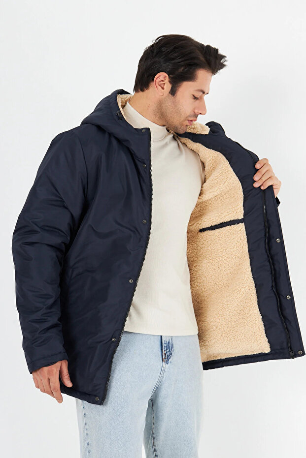 Men's Navy Blue Hooded Windproof Thick Sports Coats & Coats & Parka